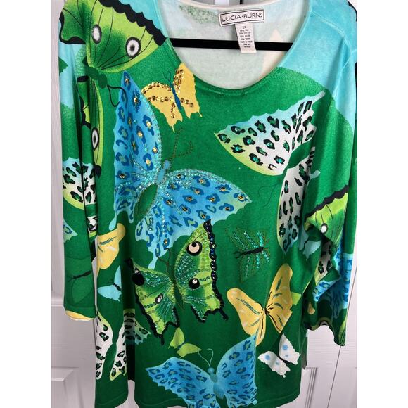 Lucia Burns Vintage Green Butterfly Print Sequin Beaded Silk Blend Sweater 2X - Picture 4 of 8